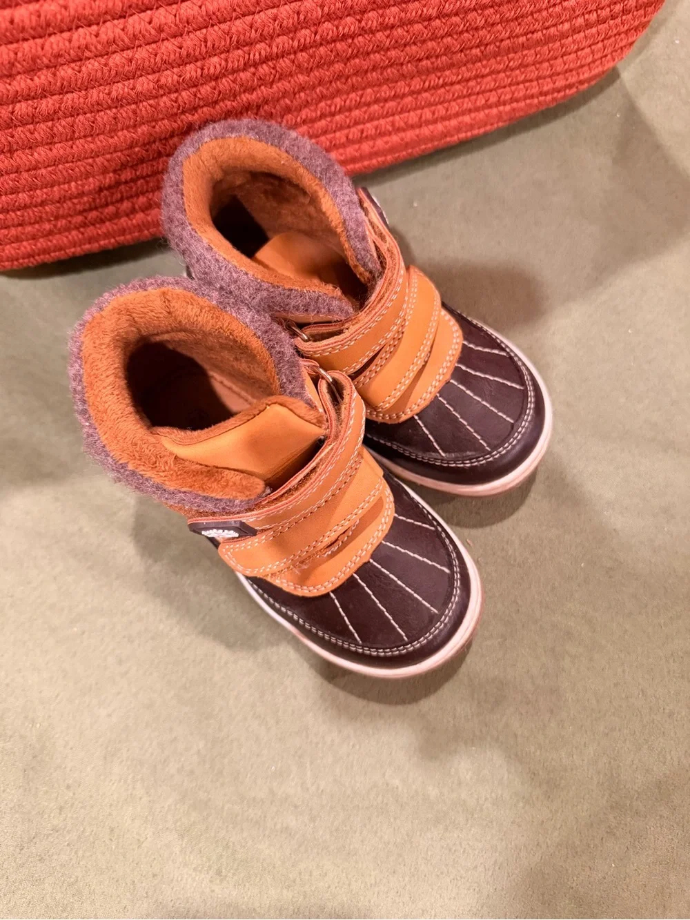 Kids Brown & Tan Winter Boots with Hook-and-Loop Straps